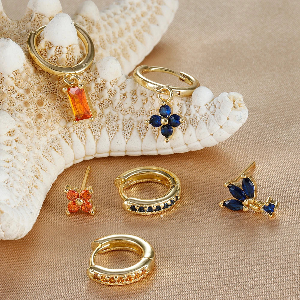 Ensemble de boucles d’oreilles suspendues en zircon orange et bleu – 3 pièces élégantes pour femmes