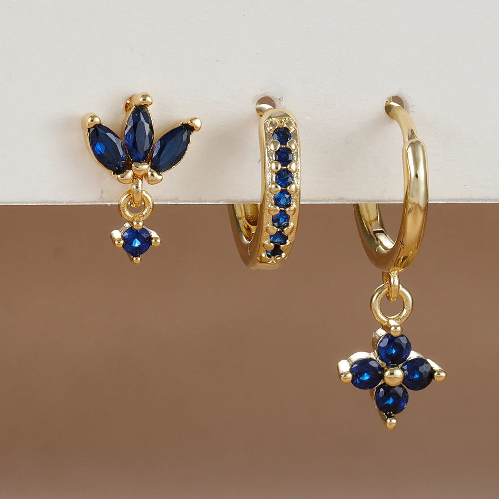 Ensemble de boucles d’oreilles suspendues en zircon orange et bleu – 3 pièces élégantes pour femmes