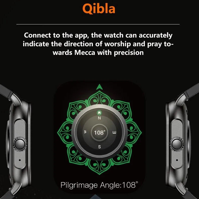 Muslim Smart Watch Qibla Direction Prayer Alarm Quran Audio Compass BT Call Answer Waterproof Prayer Alarm Smartwatch