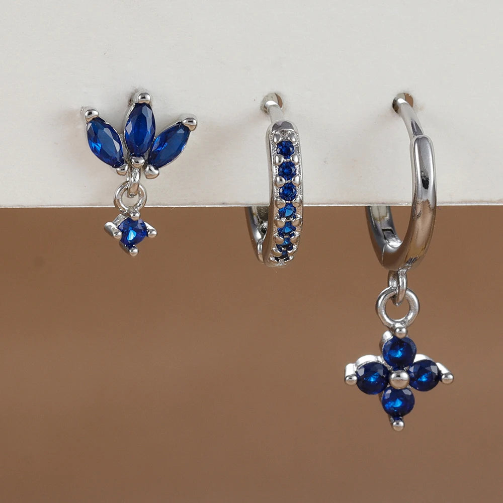 Ensemble de boucles d’oreilles suspendues en zircon orange et bleu – 3 pièces élégantes pour femmes