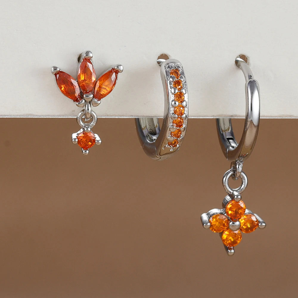 Ensemble de boucles d’oreilles suspendues en zircon orange et bleu – 3 pièces élégantes pour femmes