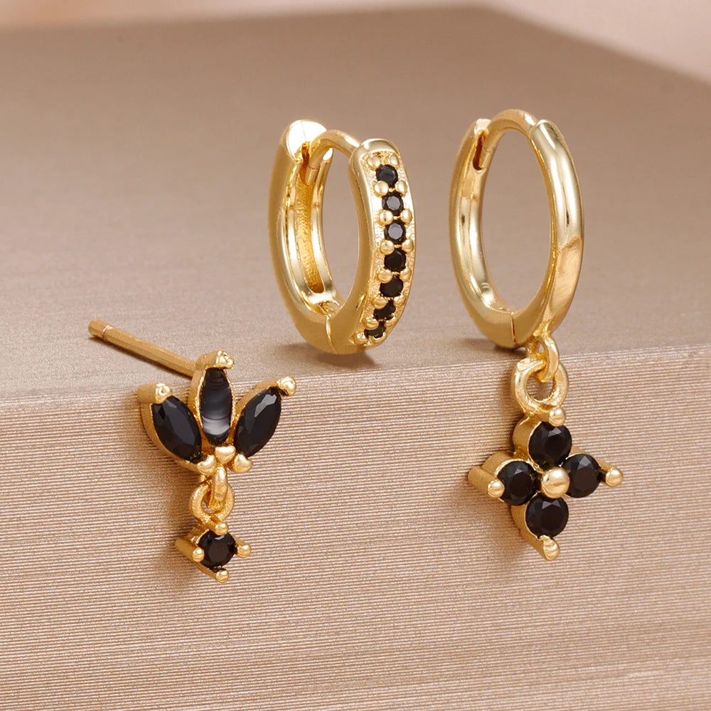 Ensemble de boucles d’oreilles suspendues en zircon orange et bleu – 3 pièces élégantes pour femmes